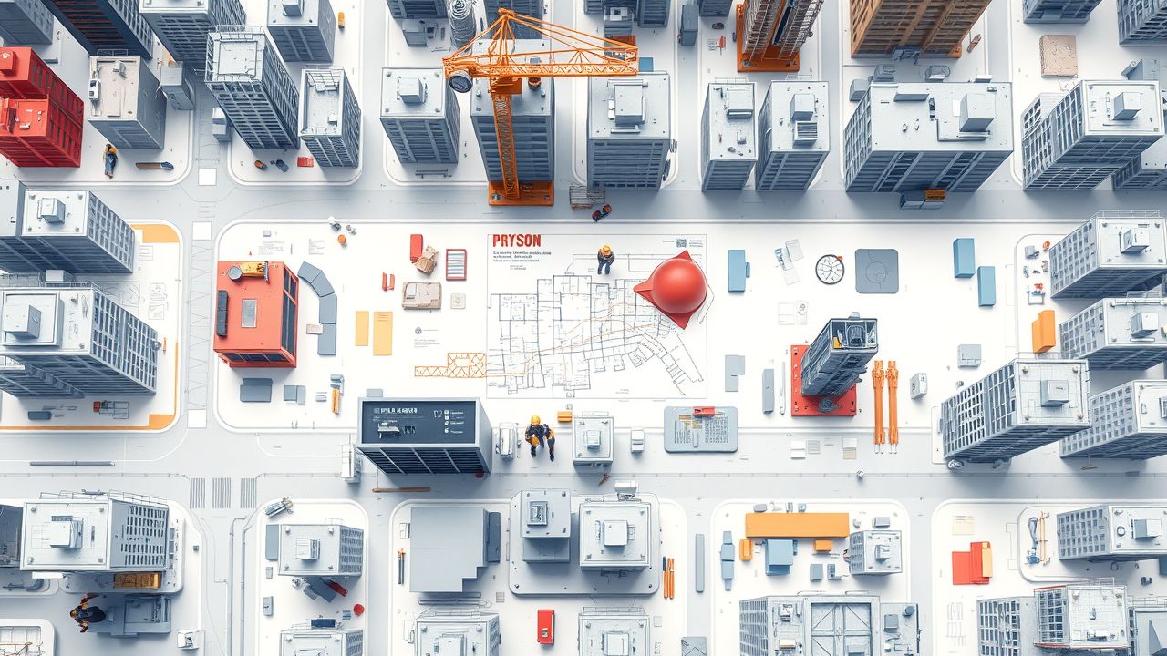 Een drukke stadsgezicht met bouwplaatsen en architecturale plannen, gericht op projectmanagement en teamwork. Een drukke stadsgezicht met bouwplaatsen en architecturale plannen, gericht op projectmanagement en teamwork.