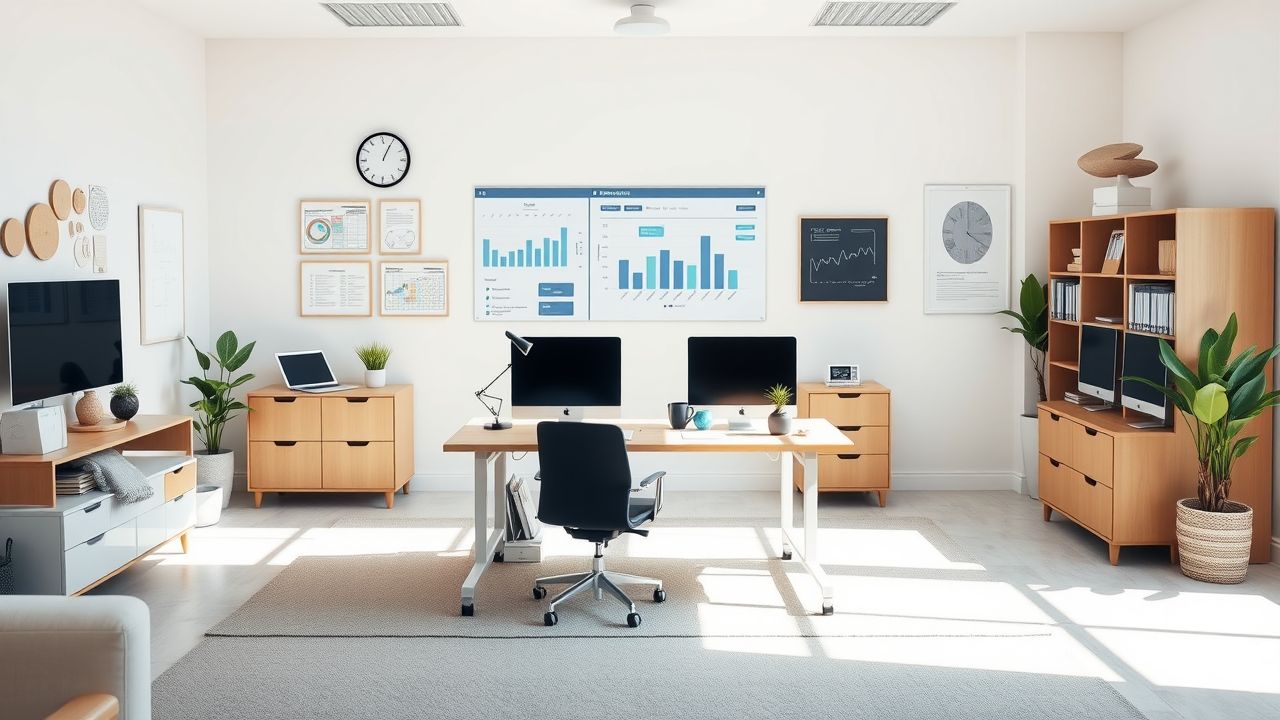 Een goed georganiseerde kantoorruimte met moderne meubels en technologie. Een goed georganiseerde kantoorruimte met moderne meubels en technologie.