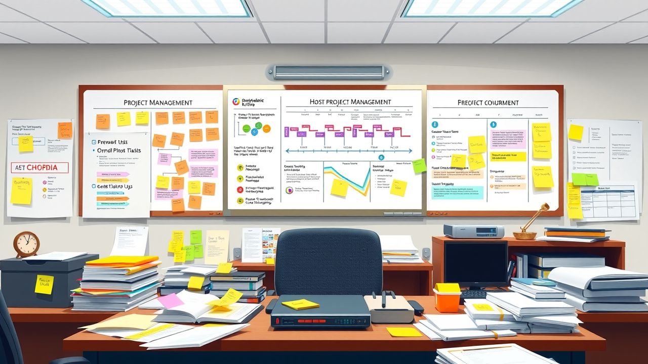Een druk kantoor met projectmanagementdocumenten en whiteboard vol planningen.