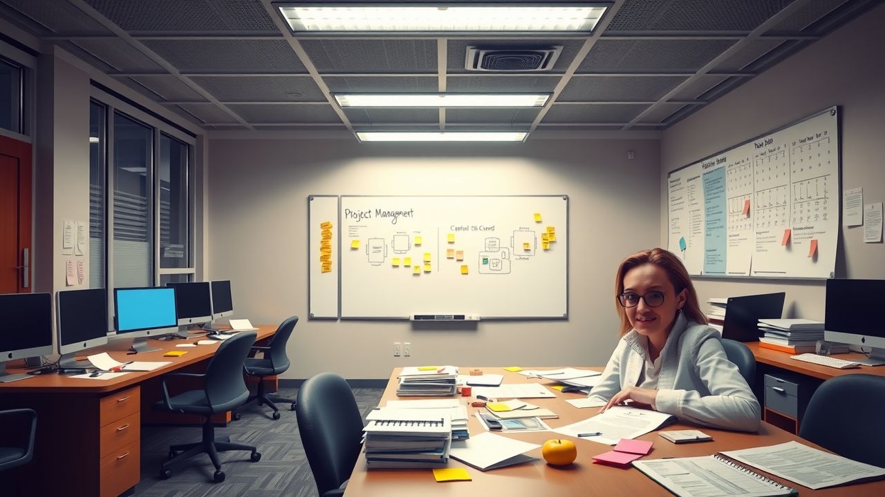 Een druk kantoor in een overheidsgebouw met rommelige bureaus en whiteboard.