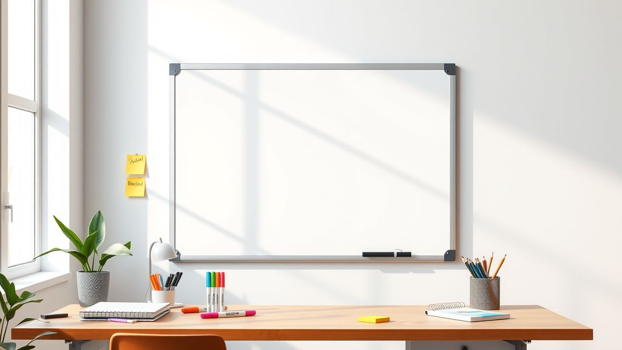 Een lege whiteboard omgeven door kleurrijke notities en markers in een modern kantoor.