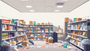 Een rommelige winkel met inadequate projectmanagement in de detailhandel.