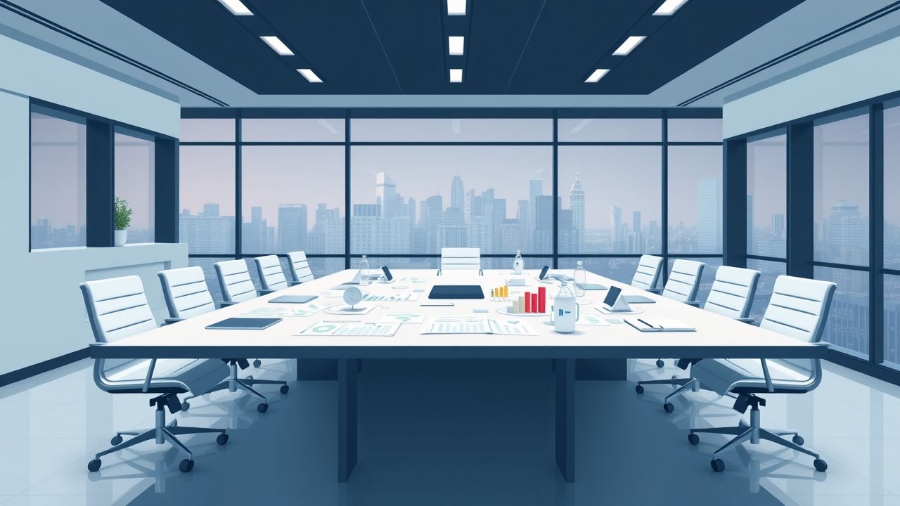 Een modern ziekenhuis bestuurskamer met project management tools en gezondheidszorg gegevens.