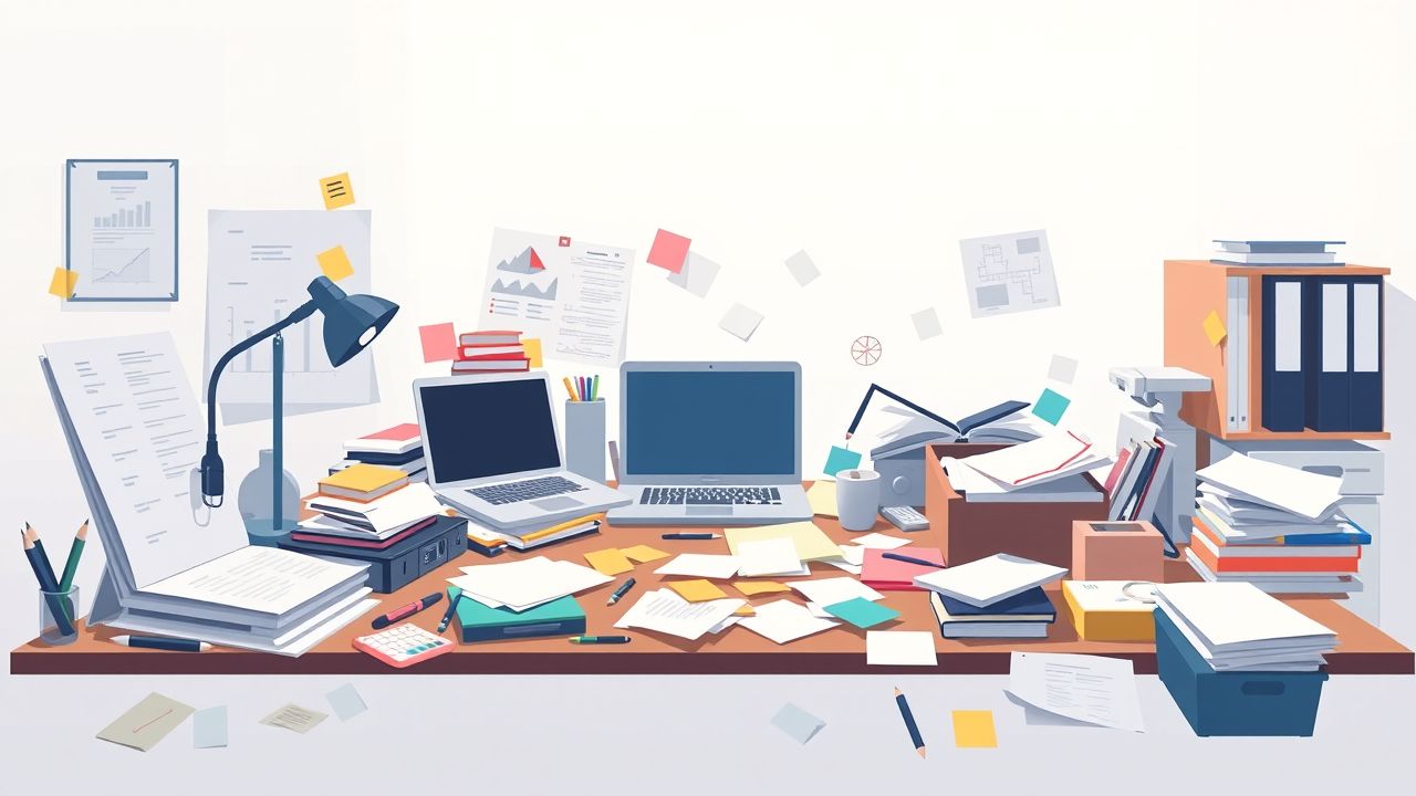 Een rommelig kantoorbureau vol met projectmanagement tools en notities.