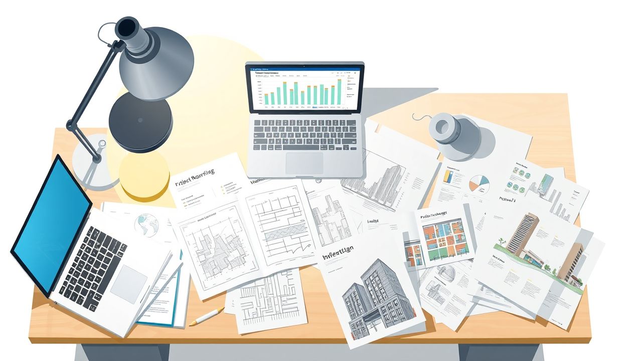 Een rommelig kantoor met blauwdrukken en projectplanning op een bureau. Een rommelig kantoor met blauwdrukken en projectplanning op een bureau.