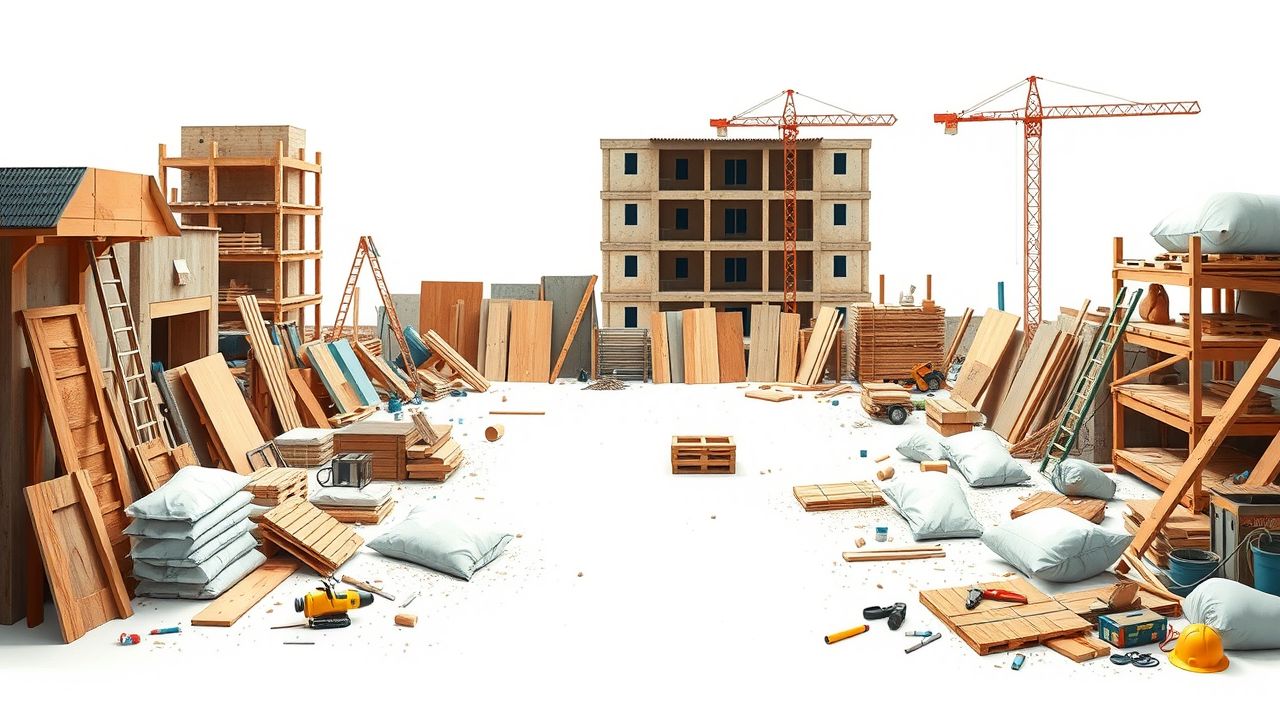 Een rommelige stedelijke bouwplaats met diverse bouwmaterialen en apparatuur.