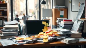Een rommelig kantoorbureau met projectmanagementboeken en verspreide papieren.