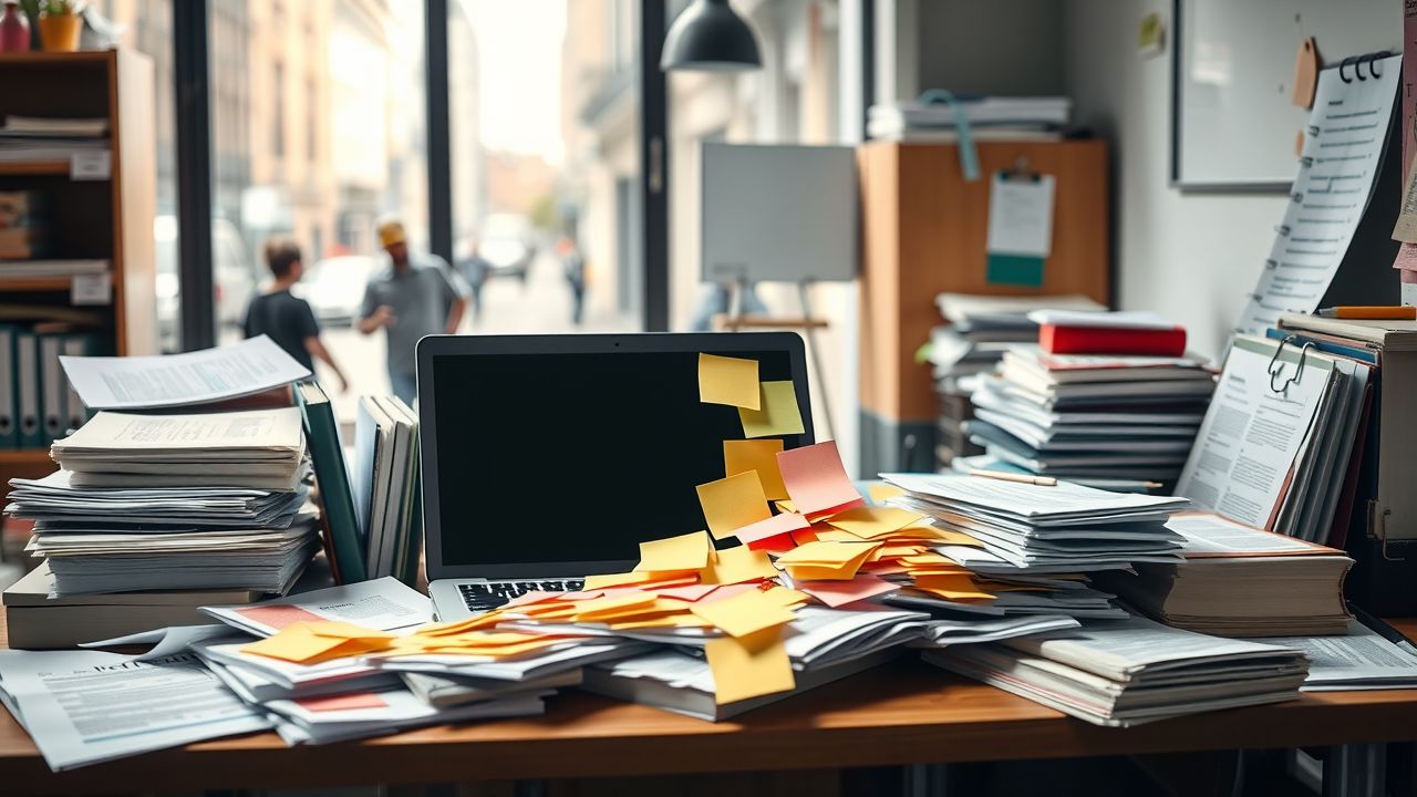 Een rommelig kantoorbureau met projectmanagementboeken en verspreide papieren.