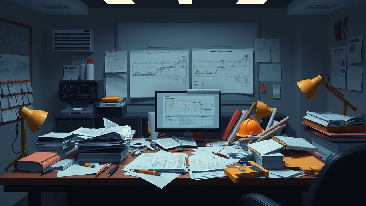 Een rommelig bureau van een Projectmanager in de infrastructuur.