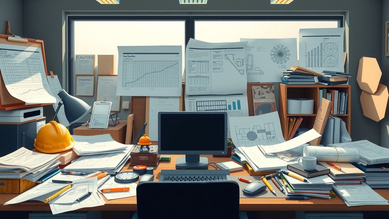 Een rommelig bureau van een Project Manager, vol met blauwdrukken en gereedschap.