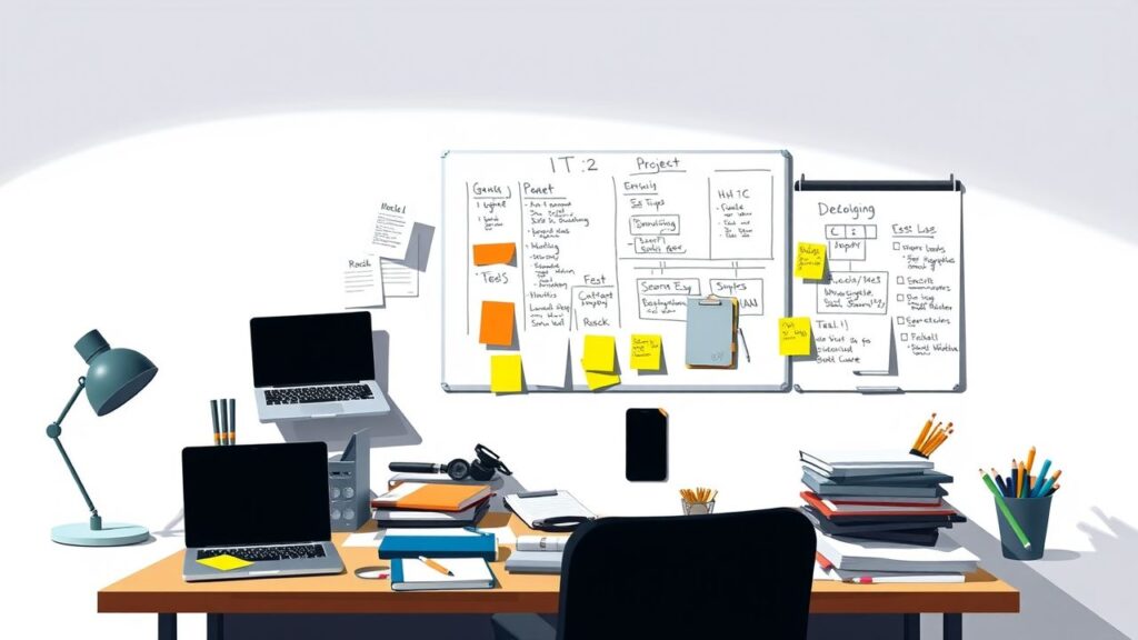 Een rommelig kantoorbureau met projectmanagementtools en laptops.