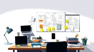 Een rommelig kantoorbureau met projectmanagementtools en laptops.