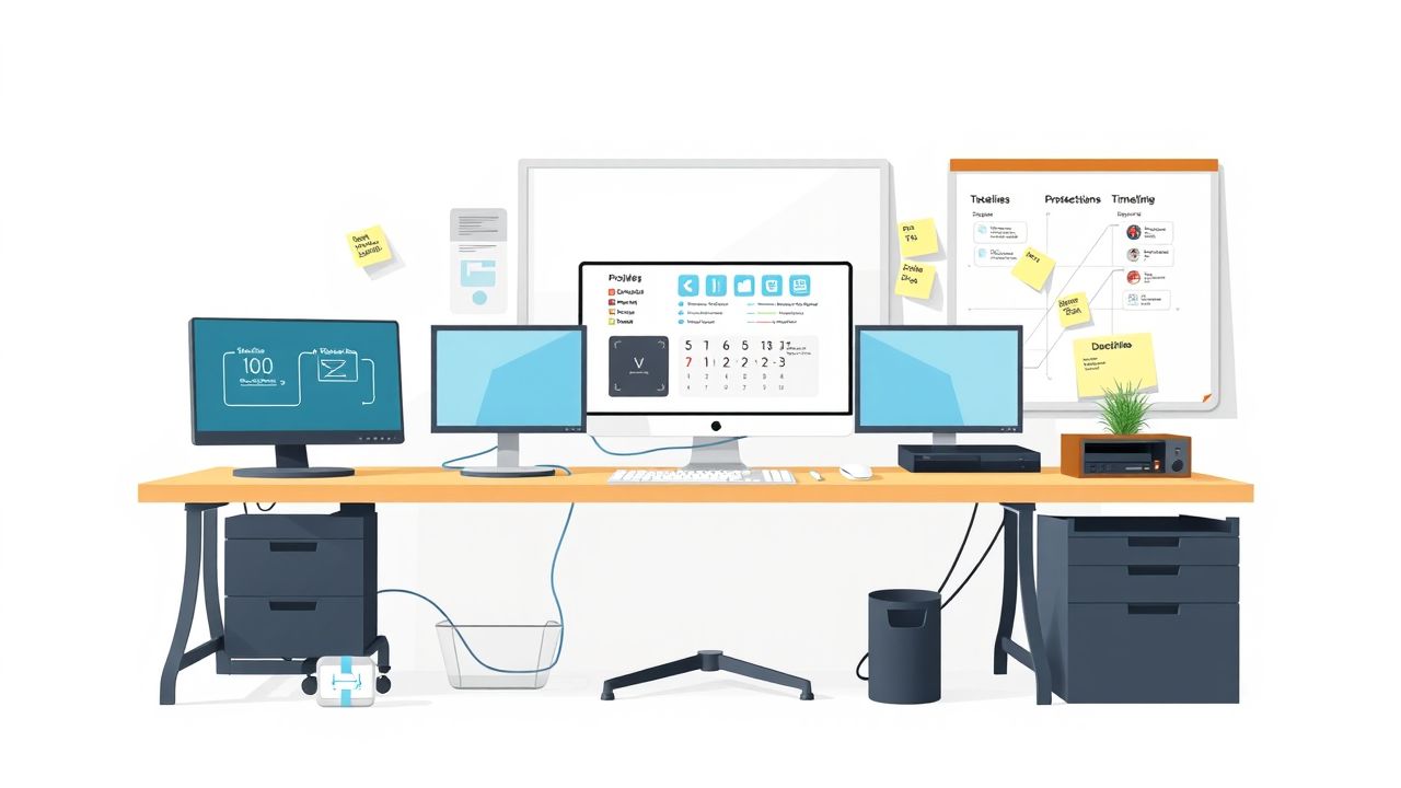 Een goed georganiseerde werkplek van een IT-projectmanager met computers, schermen en schema’s. Een goed georganiseerde werkplek van een IT-projectmanager met computers, schermen en schema's.