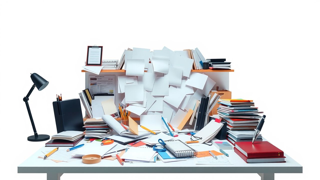 Een rommelig bureau, gevuld met papieren en kantoorbenodigdheden, symboliseert de hectische taken van een retail project manager.