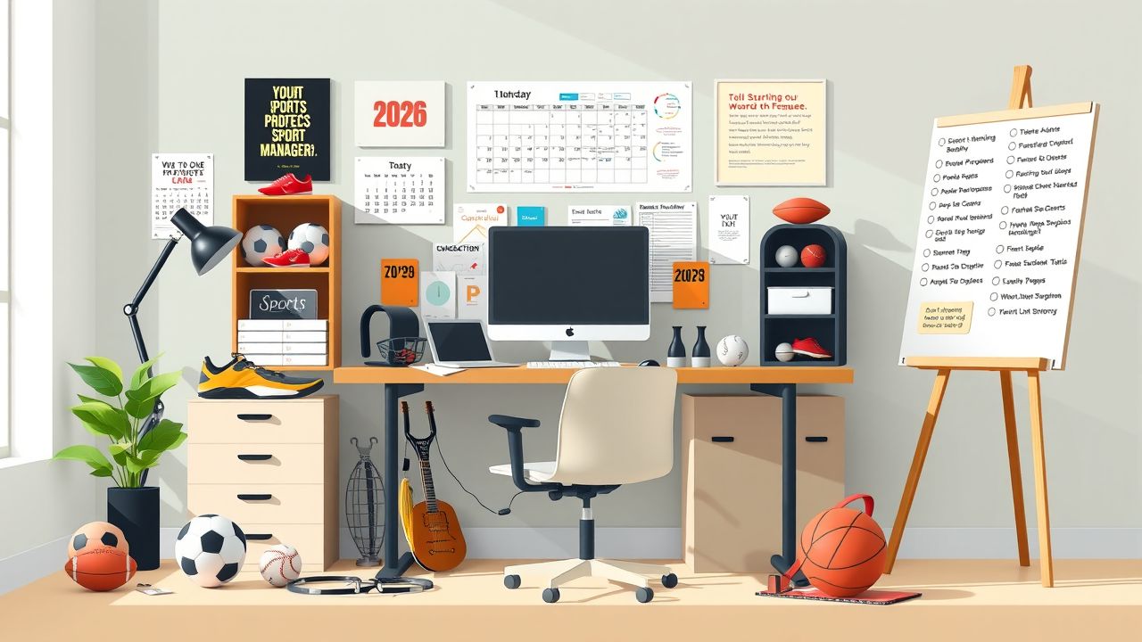 Een druk bureau van een sportprojectmanager met sportuitrusting en kalenders. Een druk bureau van een sportprojectmanager met sportuitrusting en kalenders.