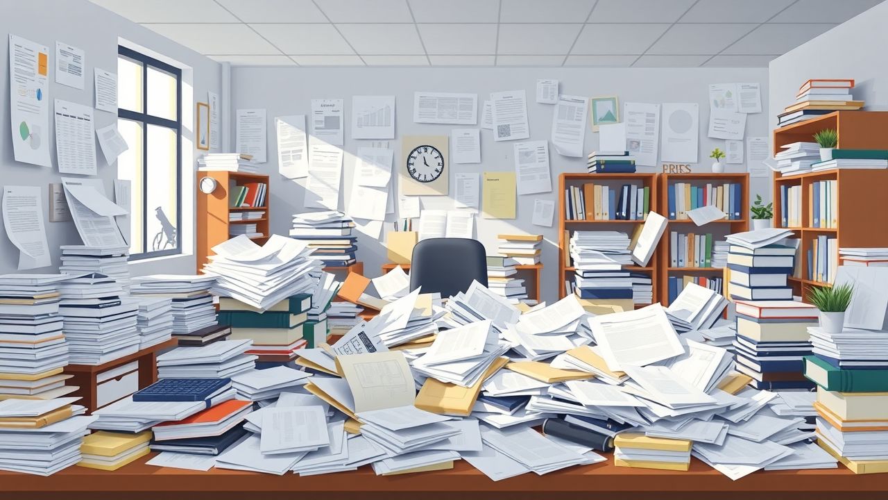 Een rommelig kantoor vol met verspreide papierwerk en blauwdrukken.