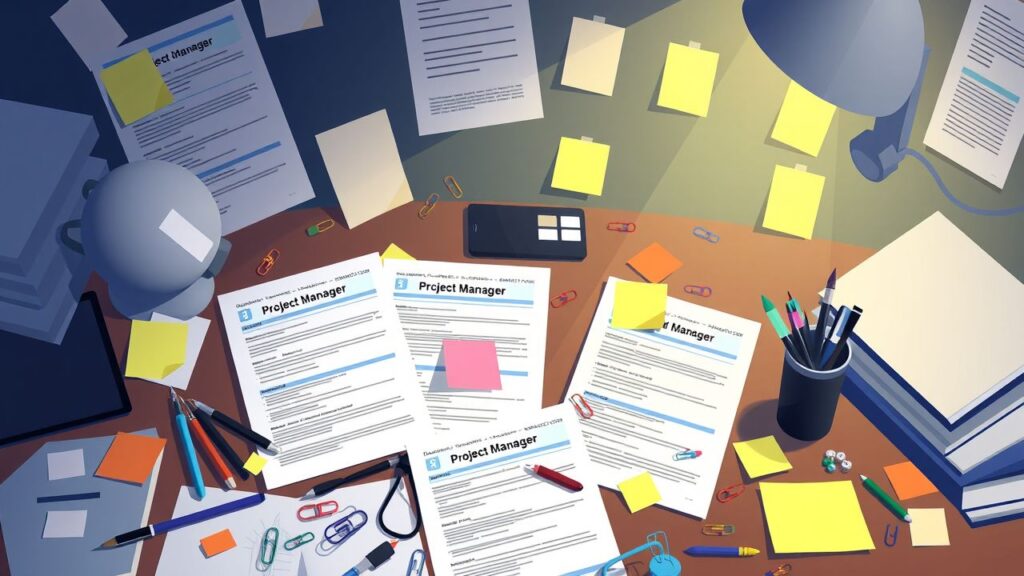 Een rommelig bureau met vacatures en cv's voor projectmanager in de gezondheidszorg.