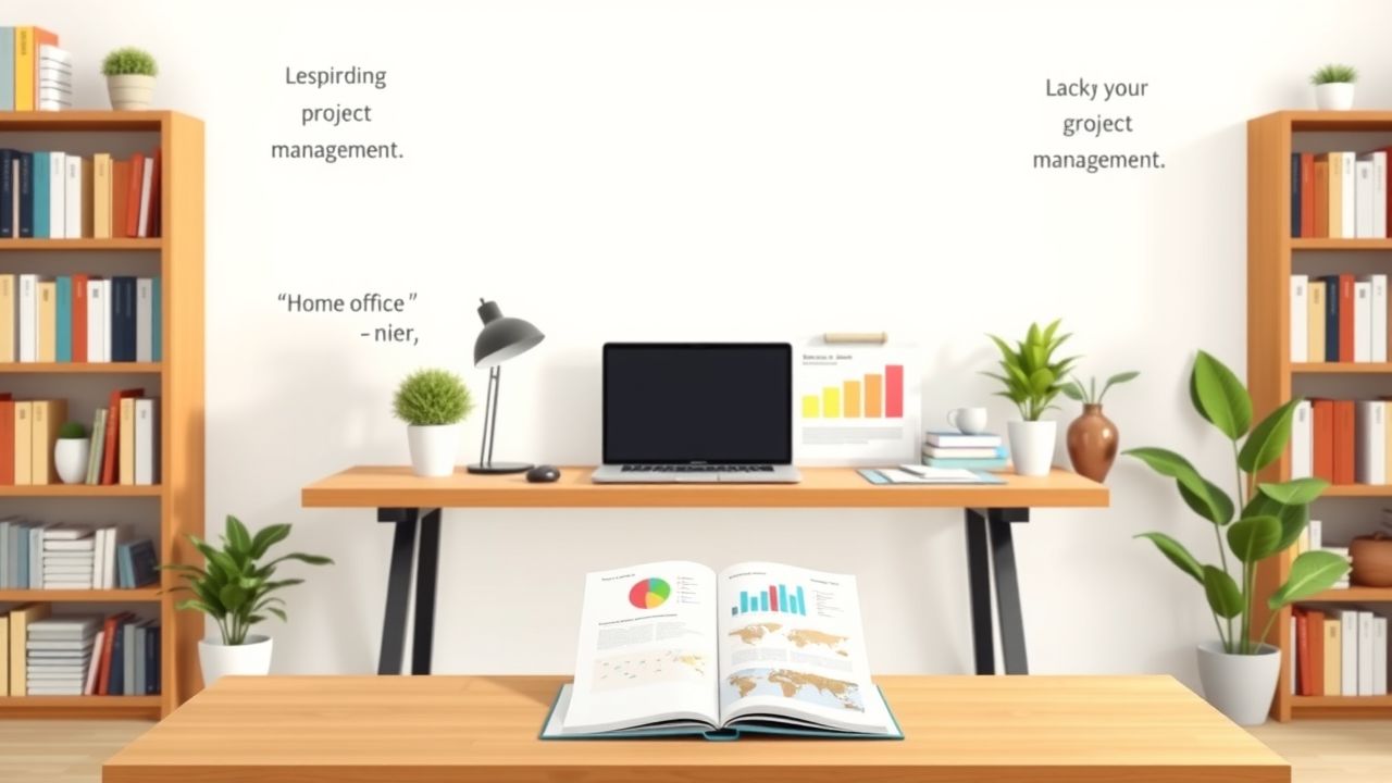 Een georganiseerd thuiskantoor met laptop, notitieboek en projectmanagement diagrammen.