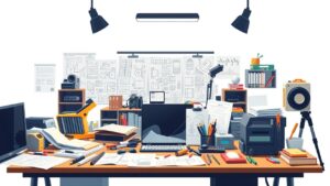 Een rommelig kantoorbureau met blauwdrukken en gereedschap.