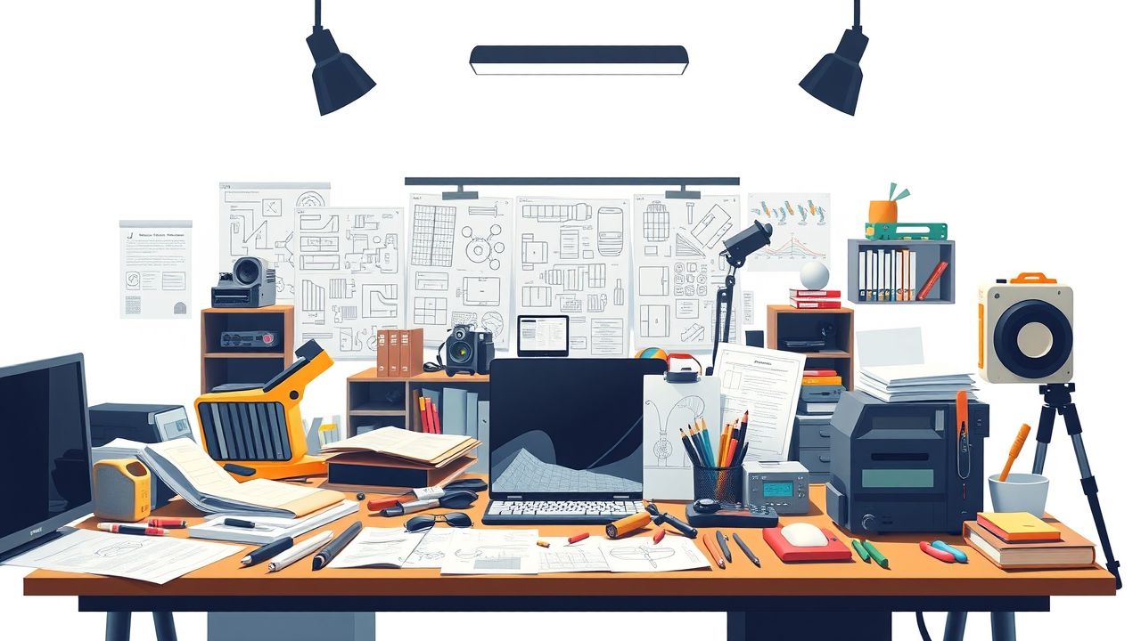 Een rommelig kantoorbureau met blauwdrukken en gereedschap.