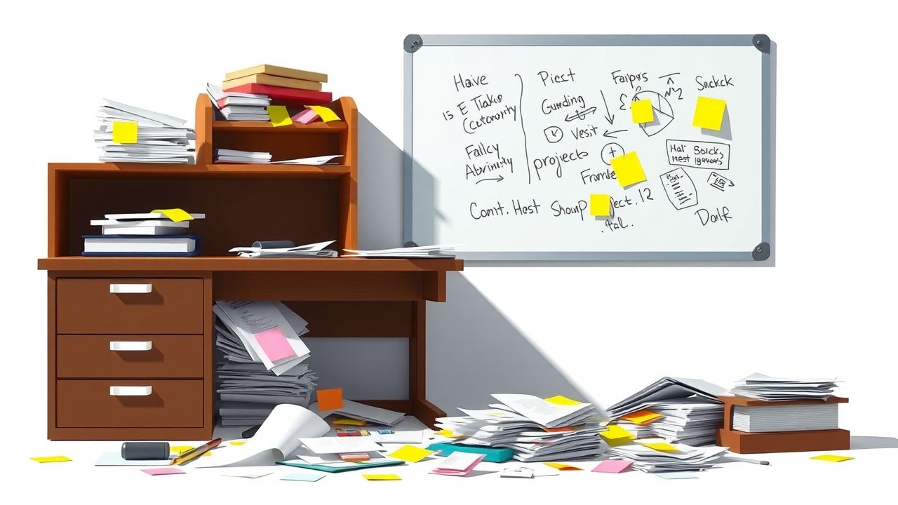 Een rommelig bureau met wanordelijke projectmanagement. Een rommelig bureau met wanordelijke projectmanagement.