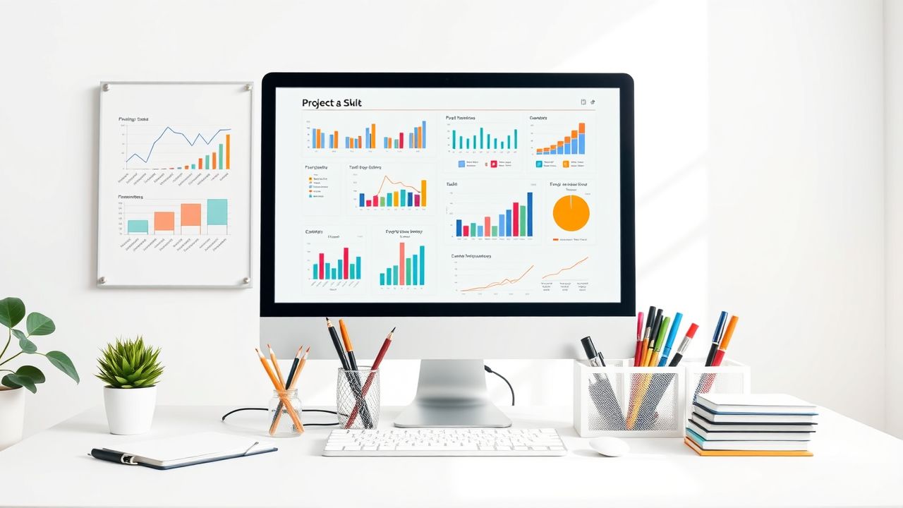 Een opgeruimde werkruimte met een whiteboard en digitale projectmanagementsoftware.