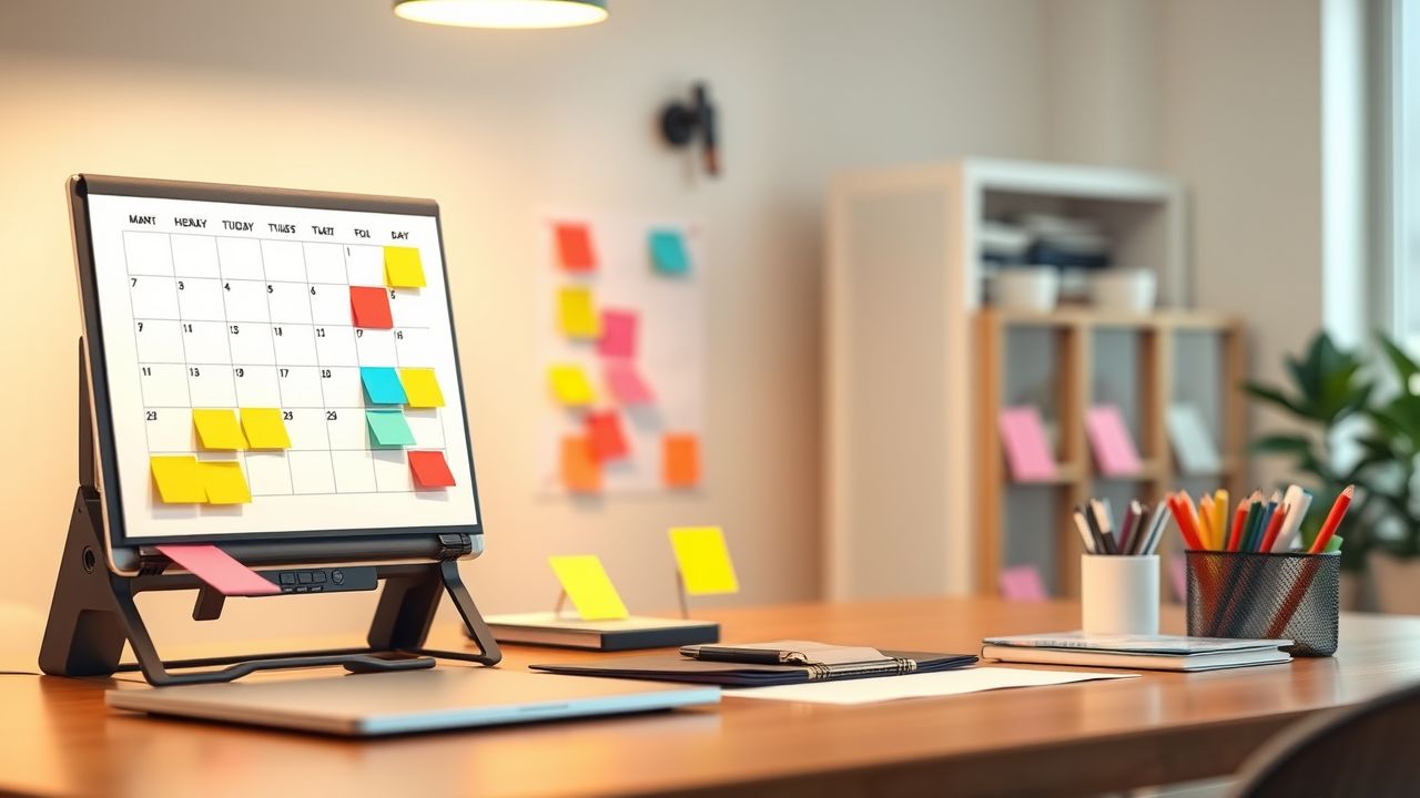 Een goed georganiseerd en modern kantoorbureau met laptop, kalender en notitieblokken.