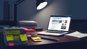 Een rommelig kantoorbureau met projectbeheerboeken en sollicitatiegerelateerde notities, met focus op het vinden van een projectmanagementpositie in de publieke sector.