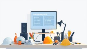 Een bouwplaats kantoor met project management software en blauwdrukken.