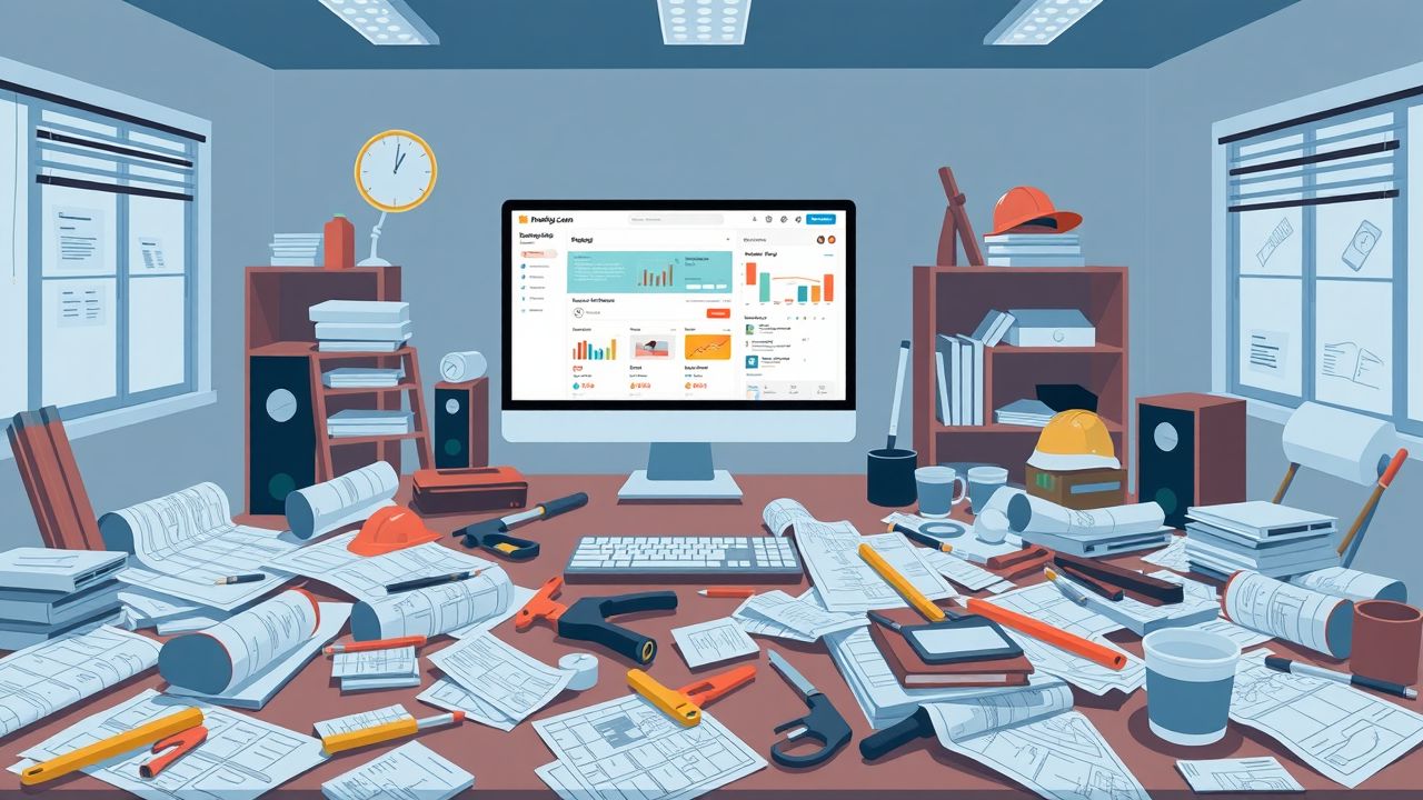 Een rommelig bouwplaats kantoor met een georganiseerd projectmanagement dashboard.