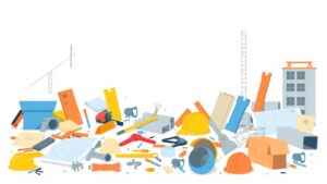 Een flat design van een drukke bouwplaats met bouwmaterialen en gereedschap.