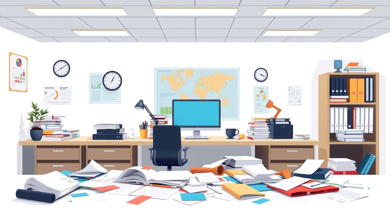Een rommelig kantoorbureau met projectmanagementtools en documenten. Een rommelig kantoorbureau met projectmanagementtools en documenten.