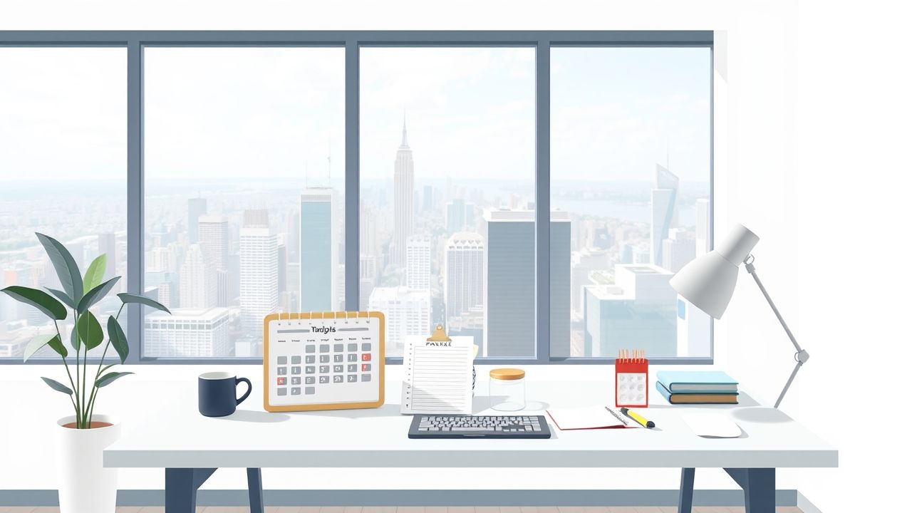 Een opgeruimd bureau met projectmanagementtools in een moderne kantooromgeving.