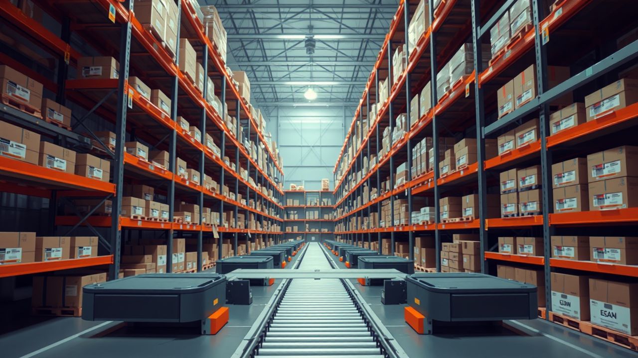 Een georganiseerd magazijn met geautomatiseerde transportbanden en labels.