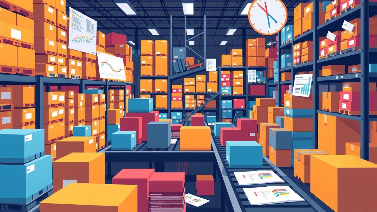 Een druk magazijn vol met stapels felgekleurde verzenddozen en logistieke planningen.