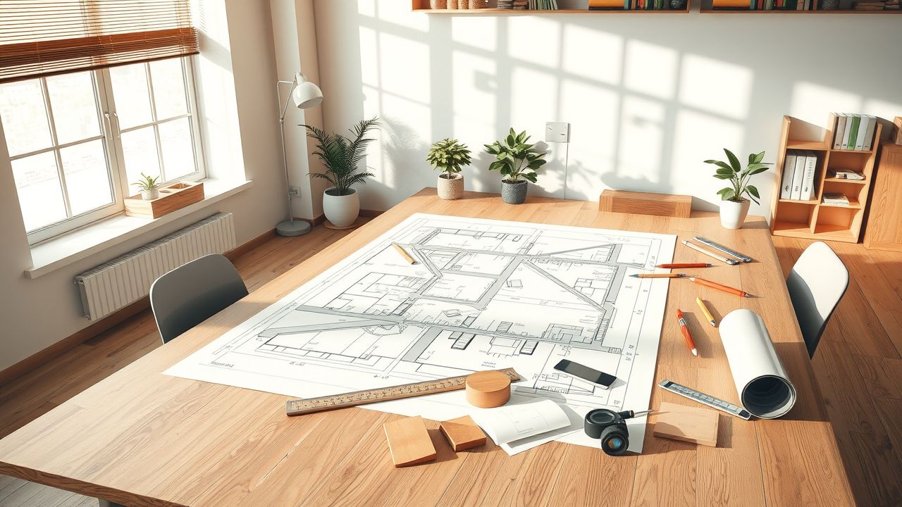 Een plattegrond van een modern architectonisch ontwerp wordt omringd door technische hulpmiddelen en duurzame materialen.