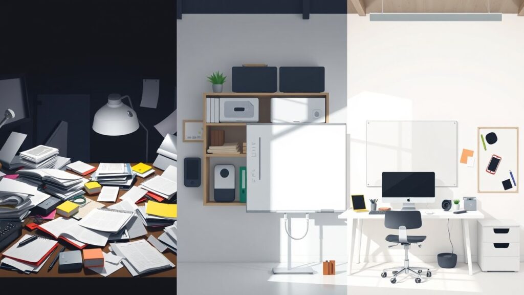 Drie verschillende kantoorwerkplekken met diverse organisatiestijlen en sferen.