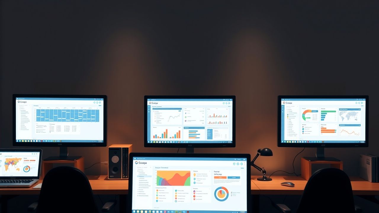 Een opgeruimde werkruimte met meerdere computerschermen die werkgerelateerde informatie weergeven.