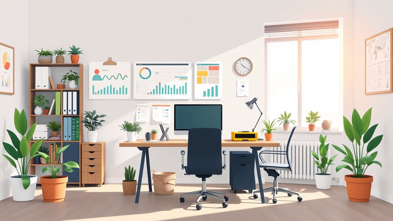 Een opgeruimde en georganiseerde werkplek met projectmanagementtools en planten. Een opgeruimde en georganiseerde werkplek met projectmanagementtools en planten.