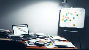 Een rommelig kantoor van een projectmanager in de auto-industrie.