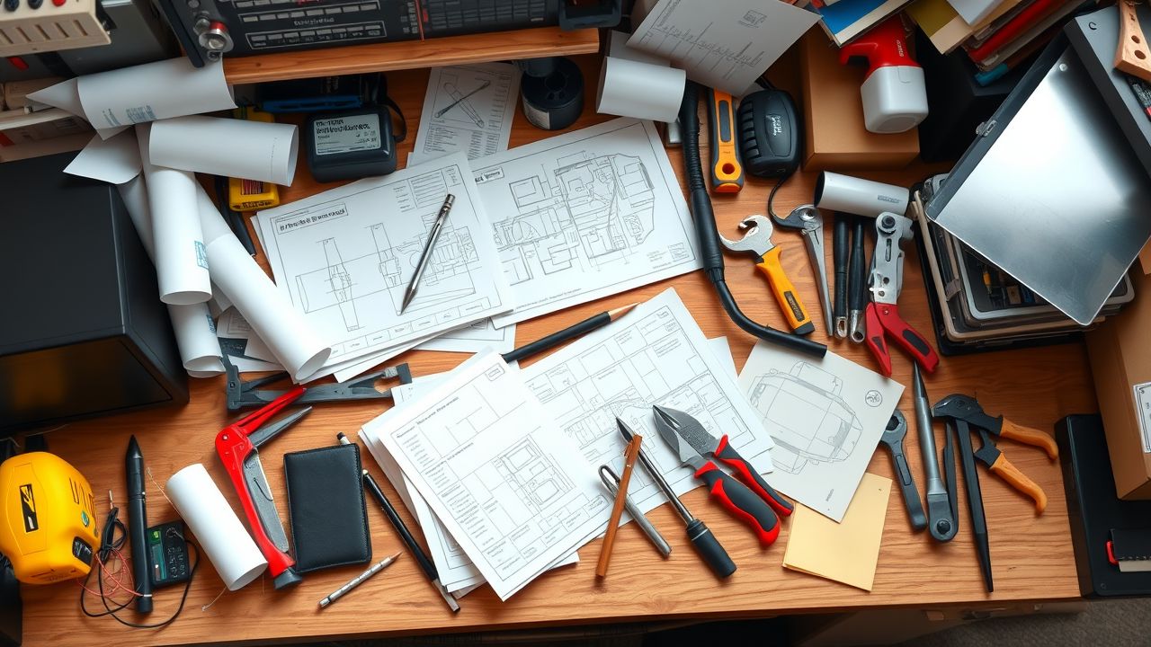 Een rommelig bureau in een autowerkplaats met projectplannen en gereedschap.