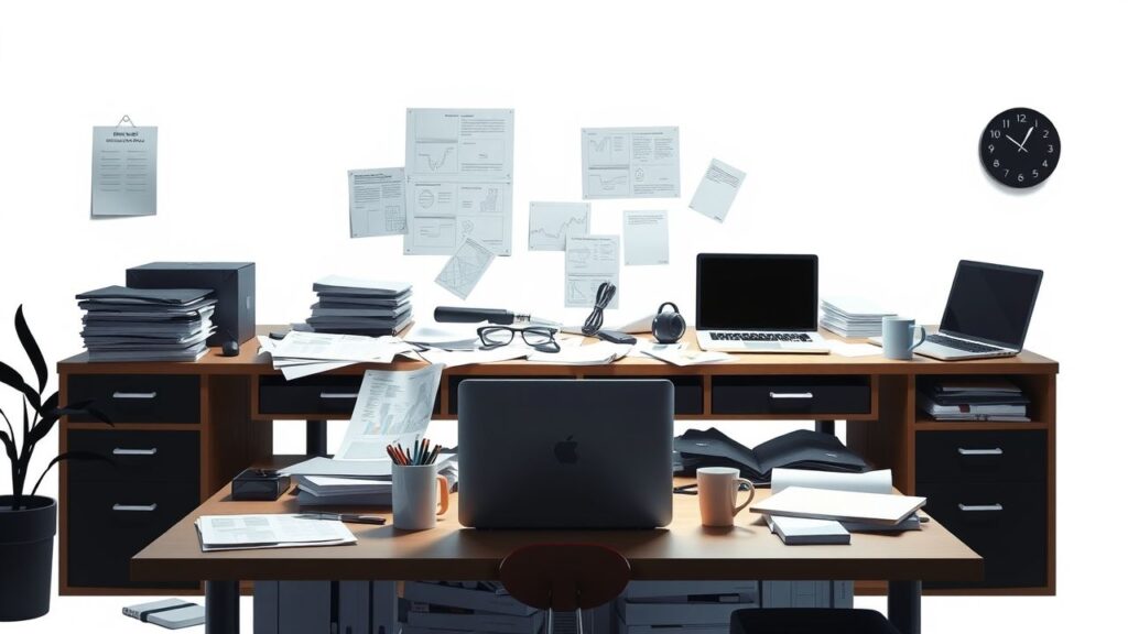 Een rommelig kantoorbureau met e-commerce projectplannen en laptops.