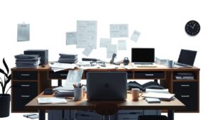 Een rommelig kantoorbureau met e-commerce projectplannen en laptops.