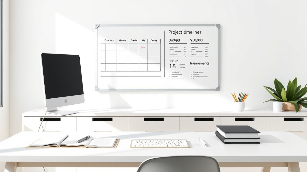 Een opgeruimde, professionele kantoorwerkplek met een strak design. Een opgeruimde, professionele kantoorwerkplek met een strak design.