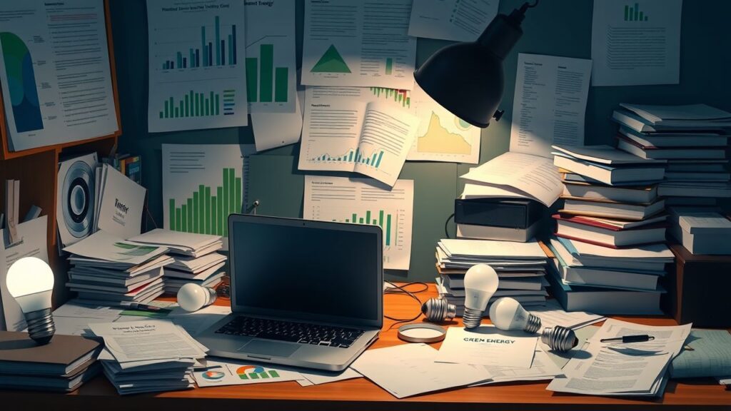 Een rommelig bureau met boeken over groene energie en energiebesparende lampen.