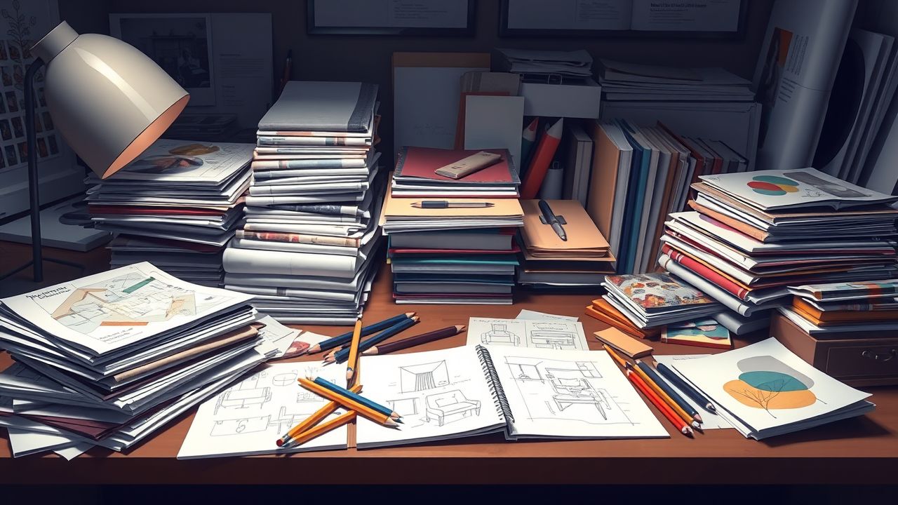 Een rommelig kantoorbureau met ontwerptijdschriften, stoffen en schetsboeken.