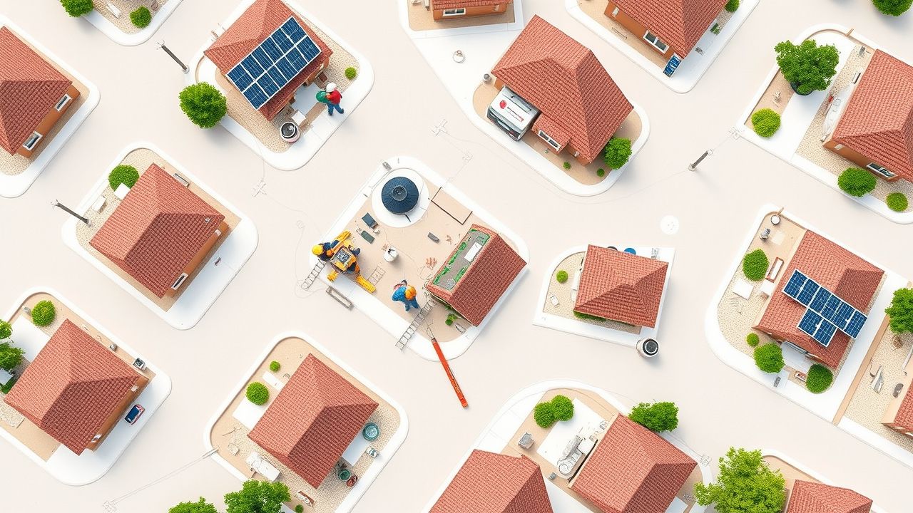 Een technisch team installeert slimme meters en bouwt zonnepaneel distributiestations in nieuwe woonwijken.