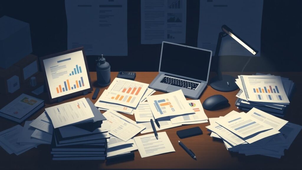 Een rommelig kantoor met documenten en een laptop, gericht op logistiek projectmanagement.