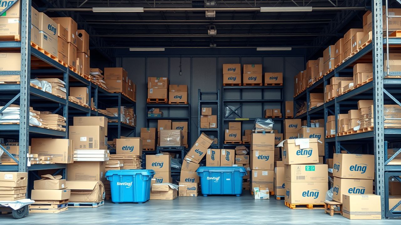 Een rommelig magazijn vol met dozen en verzendcontainers.