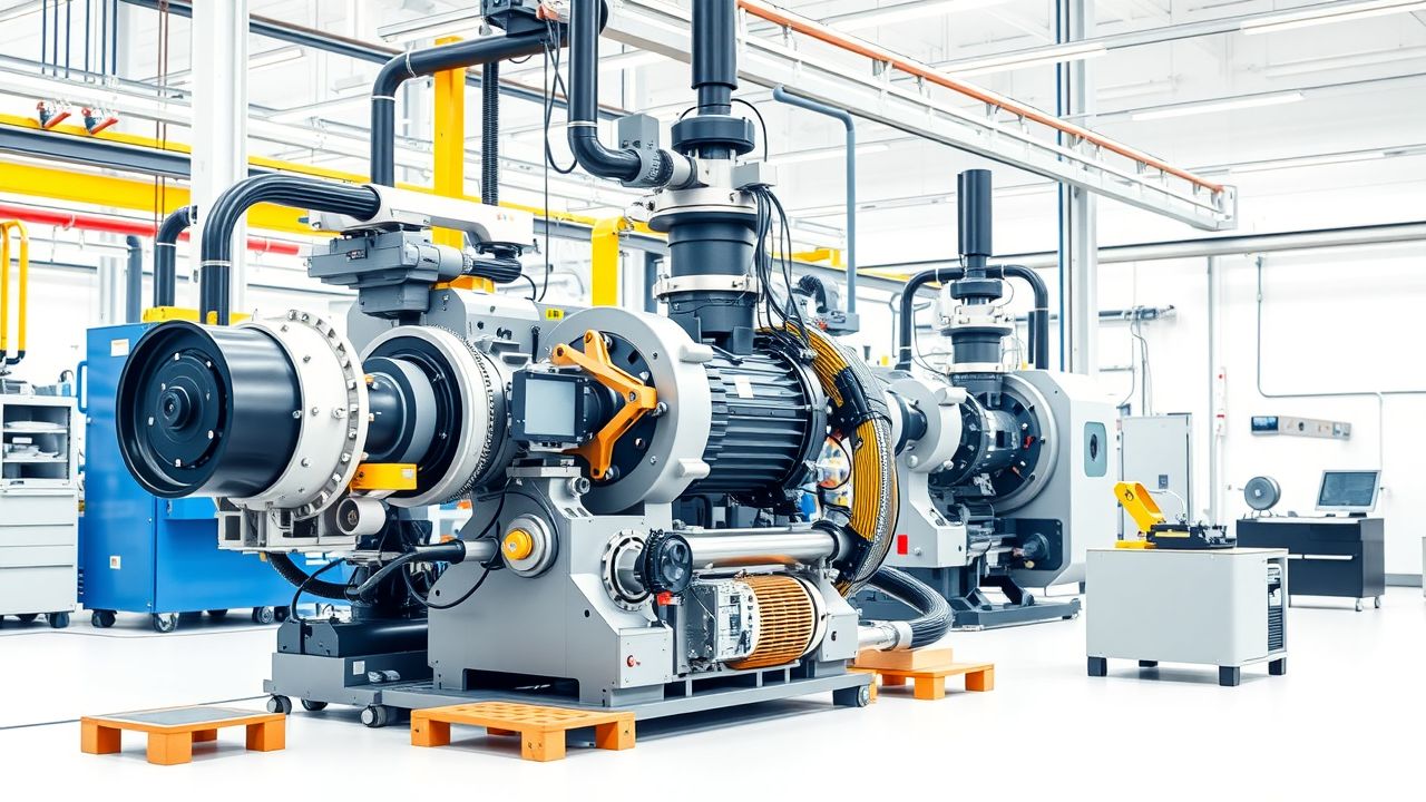Een geavanceerde fabriek met machines en onderdelen.